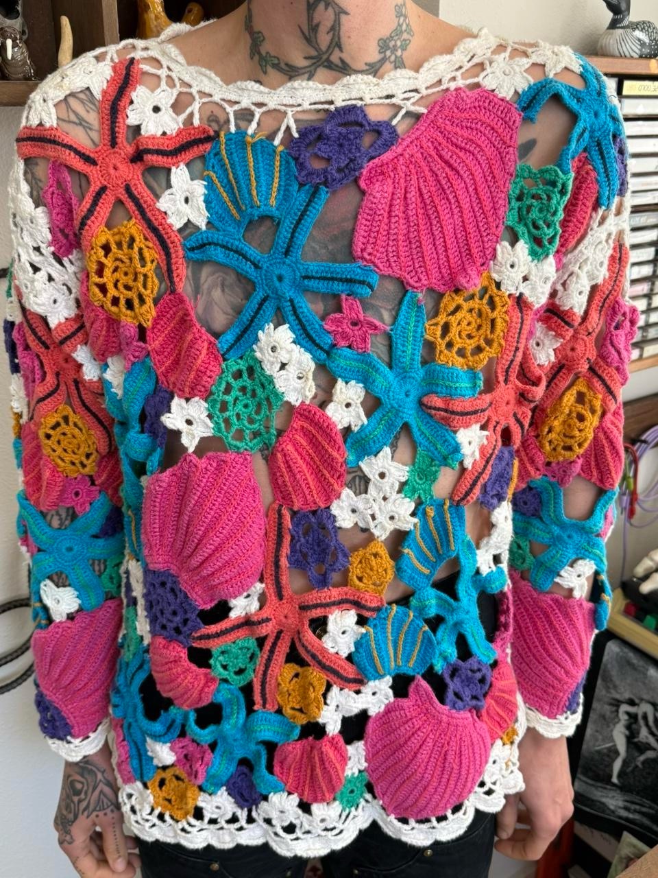 Vintage 80s Hand Crochet Coastal Beach Sea Life Top ~ Size Small
